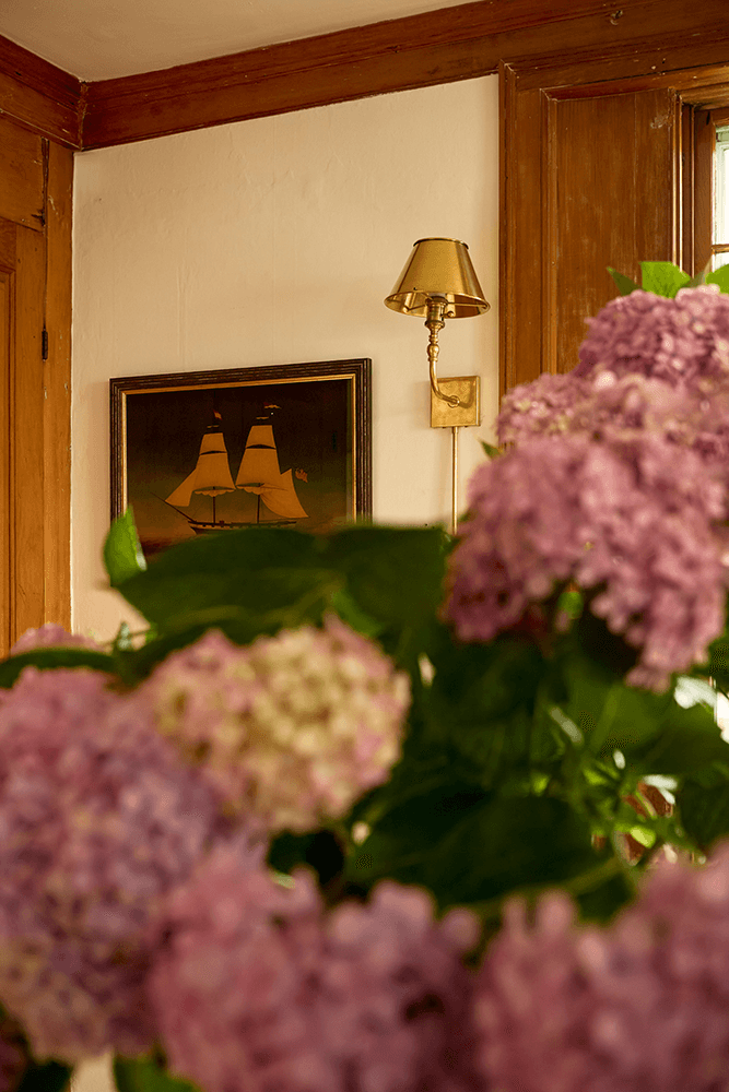 A close-up of purple hydrangeas in a cozy room featuring a wall lamp and a maritime painting.