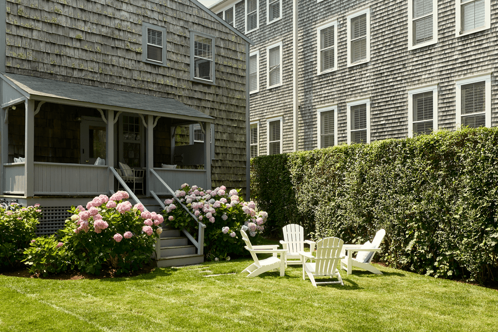 A cozy backyard with a porch, blooming hydrangeas, and white lounge chairs.